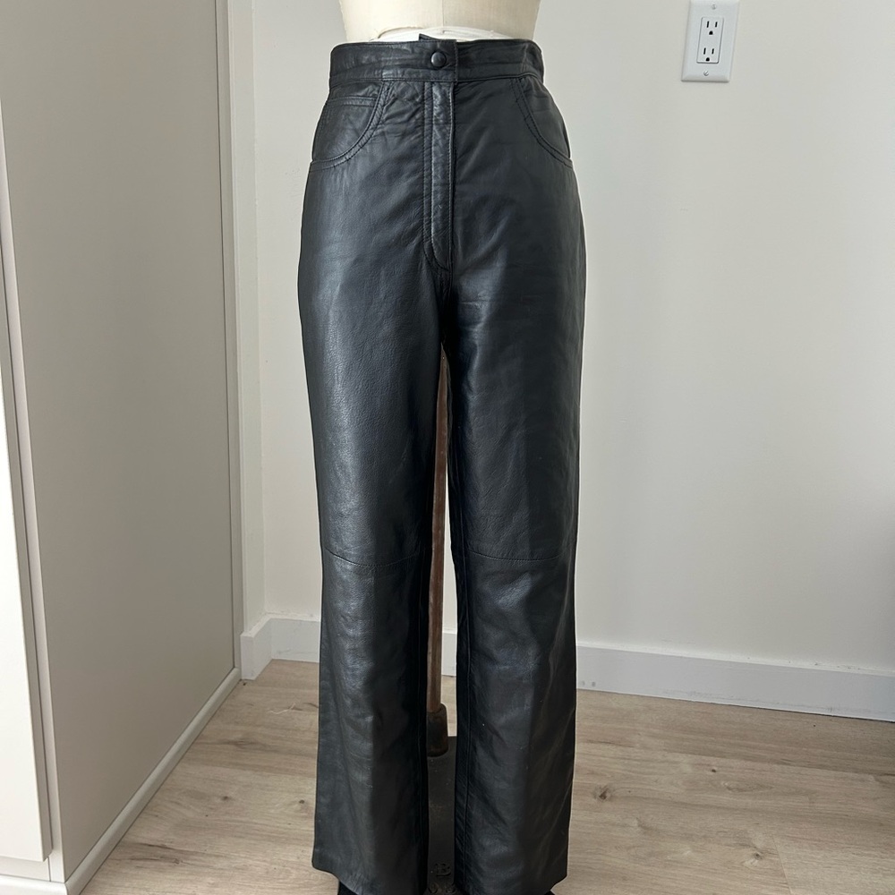 Vintage High Waist Black Leather Straight Leg Jeans Pants